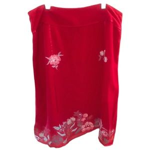Beautiful INC RED silk skirt; floral embroidery in multi colors